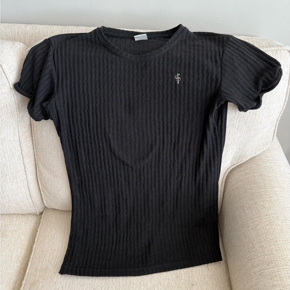 Father Sons Black Ribbed Fitted Cap Sleeve Tee